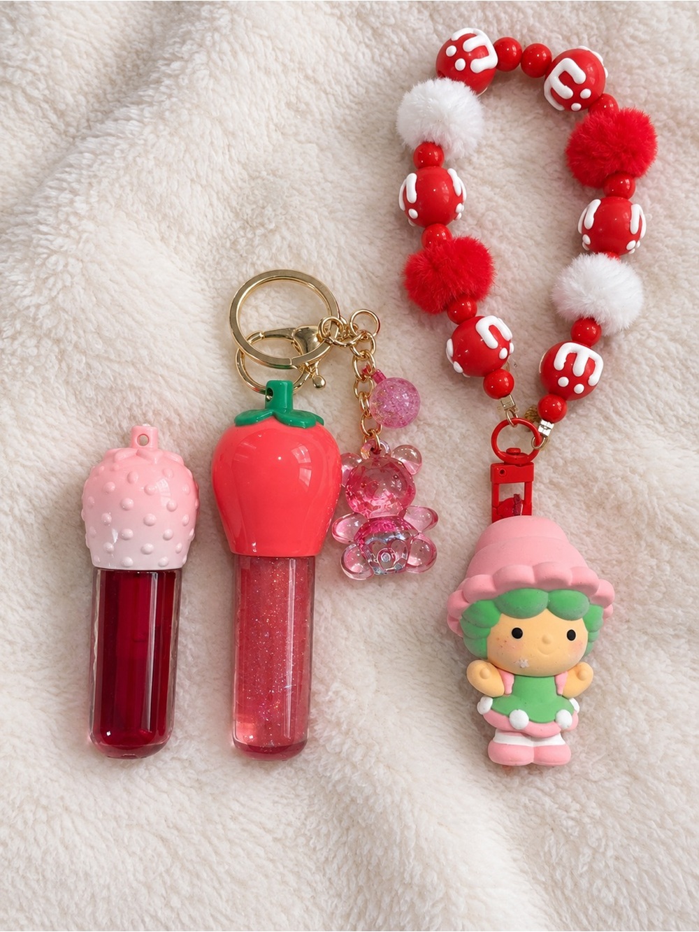 Kids Strawberry & Pink Lip Gloss Keychain Duo with Cute Character Charm
